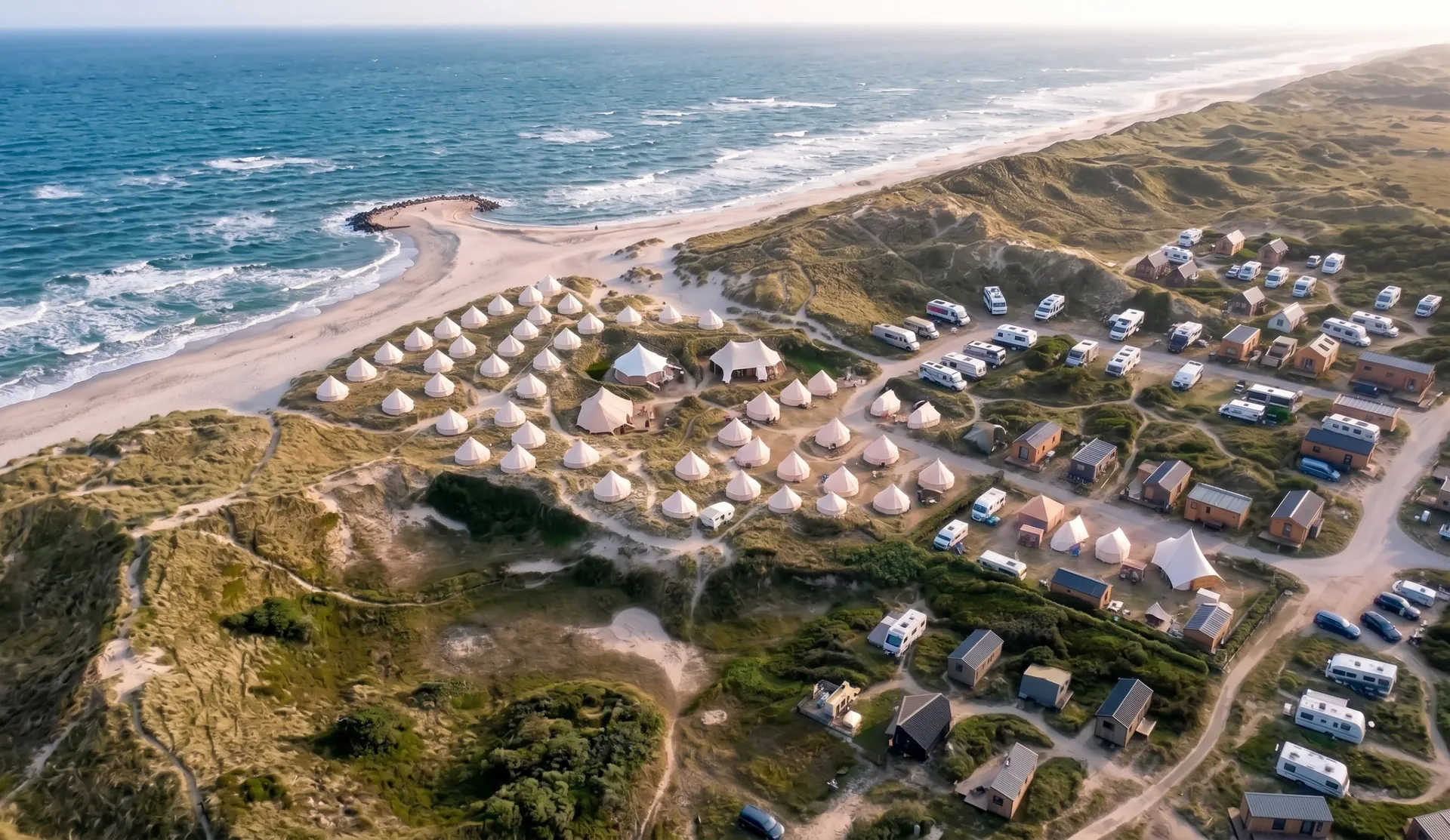 Glamping tents and pitches between dunes and beach