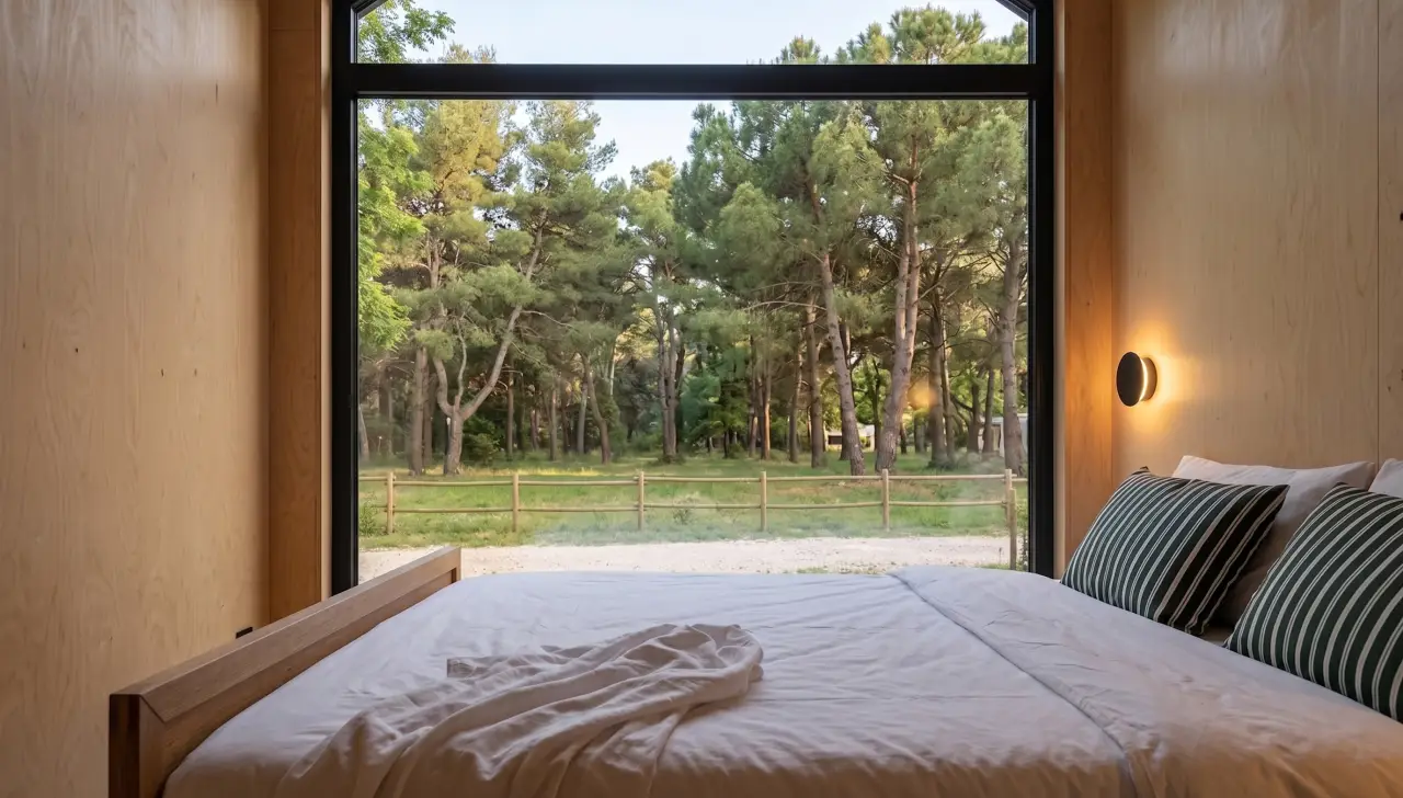 Blick aus dem Tiny House in den Wald